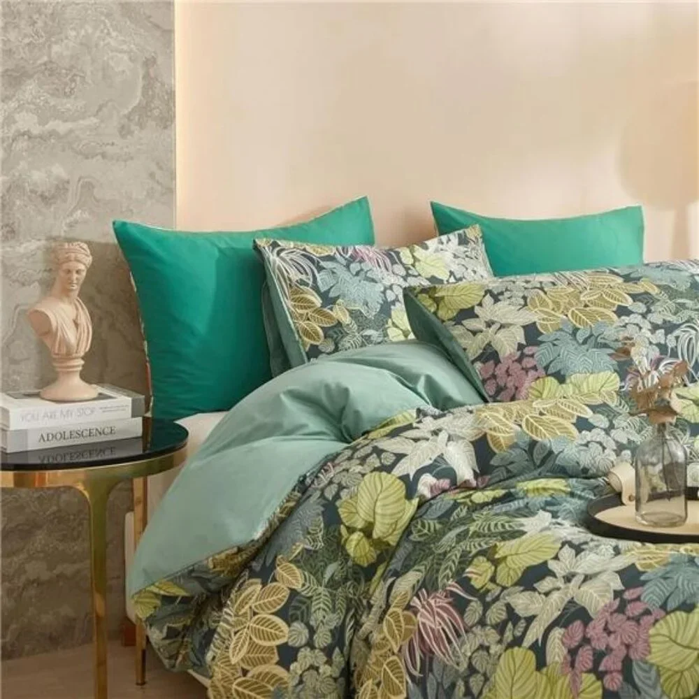 NEW Anthro Green Botanical Print Boho Queen / King Size Bedding Duvet & Sham Set